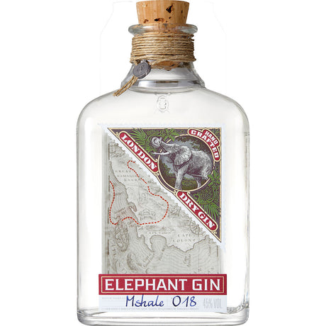 Klare Flasche Elephant London Dry Gin 45% (0,7 l) von Elephant Gin mit Korkverschluss, Kartenetikett und rotem Text - ganz im Stil eines klassischen London Dry Gin.