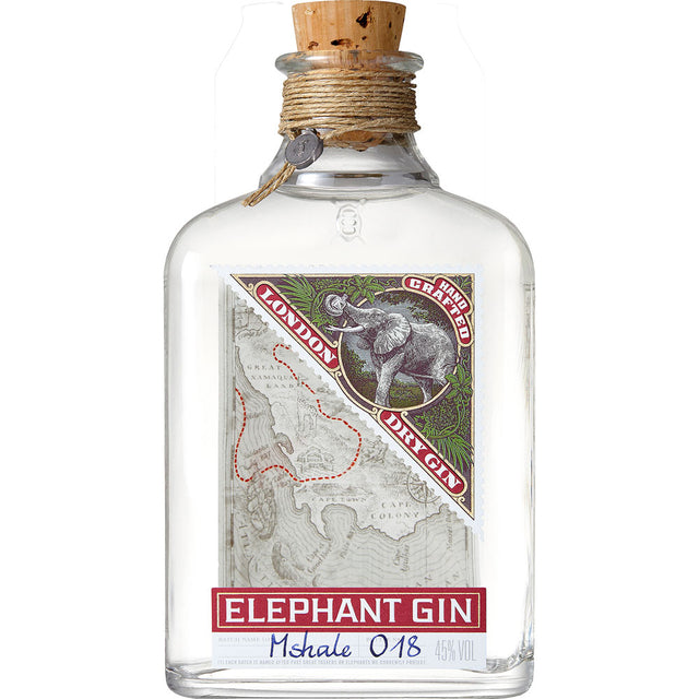 Klare Flasche Elephant London Dry Gin 45% (0,7 l) von Elephant Gin mit Korkverschluss, Kartenetikett und rotem Text - ganz im Stil eines klassischen London Dry Gin.