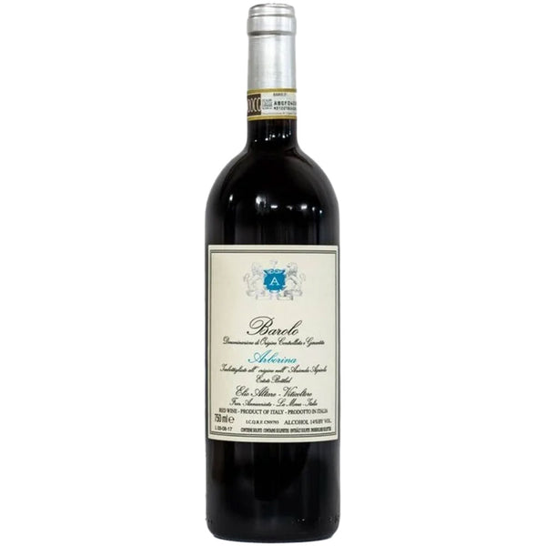 Eine Flasche Elio Altare Barolo Arborina DOCG 2018 steht aufrecht vor einem weißen Hintergrund und trägt ein elegantes cremefarbenes Etikett mit blauem Wappen.