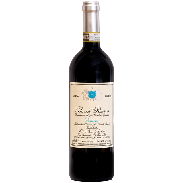 Eine Flasche Elio Altare Barolo Riserva Cerretta Vigna Bricco DOCG 2017, die sich durch ihr cremefarbenes Etikett und die Goldfolie um den Flaschenhals auszeichnet und aus Trauben des renommierten Weinbergs Cerretta Vigna Bricco gekeltert wurde.