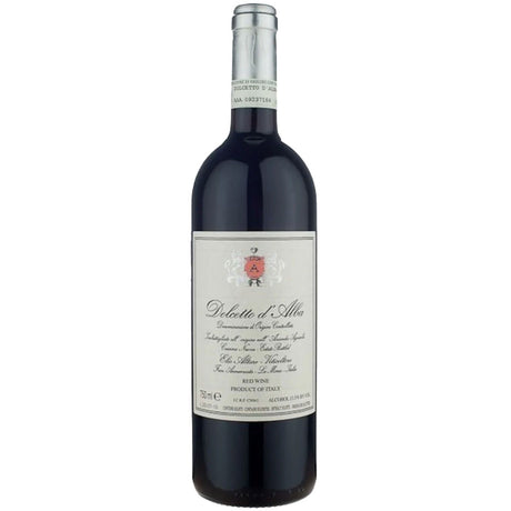 Eine Flasche Elio Altare Dolcetto D'Alba DOCG 2024, ein bekannter italienischer Rotwein aus dem Piemont von Elio Altare, mit weißem Etikett und silberner Halsfolie.