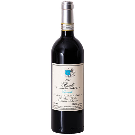 Eine Flasche Elio Altare Barolo Cannubi DOCG 2021, ein italienischer Rotwein von Elio Altare, mit einem cremefarbenen Etikett mit blauem Wappen.