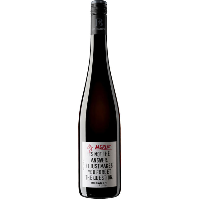 Eine große Flasche Emil Bauer My Merlot ist nicht die Antwort, sie lässt einen nur die Frage trocken 2022 deutscher Rotwein vergessen.