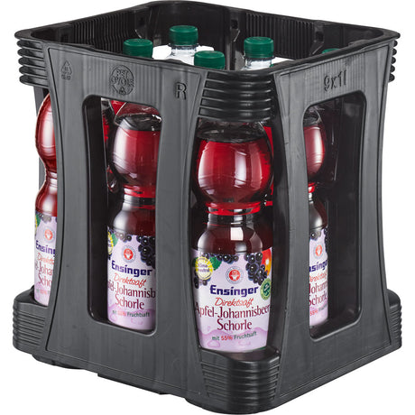 Schwarze Kunststoffkiste mit neun 1L-Flaschen Ensinger Direkt Apfel-Johannisbeerschorl PET (EINWEG), einem leckeren Apfel- und Johannisbeersaftgetränk von Ensinger.