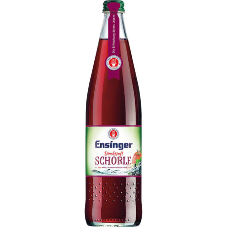 Ensinger Apfel-Johannisbeer-Schorle 12x0,75L (Mehrweg) in Glasflaschen mit violettem Etikett und grünem Deckel stammt von Streuobstanbau und bietet eine vegane Direktsaft-Schorle an.