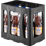 Eine Kunststoffkiste enthält elf 0,5-Liter-Flaschen Ensinger Cola Mix PET (11x0,5L, EINWEG) von Ensinger, ein veganes Cola-Orange-Getränk mit leuchtend orangen Etiketten.
