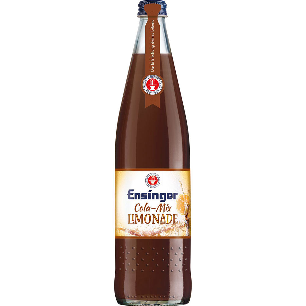 Ensinger Cola-Mix in der 0,75 l Mehrweg-Glasflasche mit gelbem Etikett im Cola-Zitronen-Design und einem erfrischenden Hauch von Orangensaft - ideal für Fans veganer Ernährung. Erhältlich im 12er-Pack bei Ensinger.