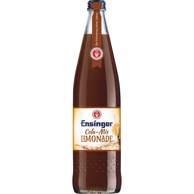 Ensinger Cola-Mix in der 0,75 l Mehrweg-Glasflasche mit gelbem Etikett im Cola-Zitronen-Design und einem erfrischenden Hauch von Orangensaft - ideal für Fans veganer Ernährung. Erhältlich im 12er-Pack bei Ensinger.