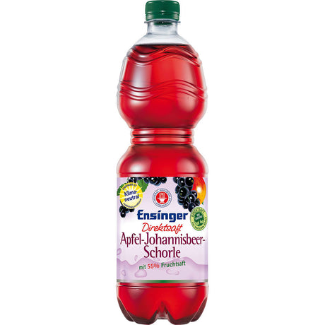 Eine 1L Flasche Ensinger Direkt Apfel-Johannisbeerschorl (9x PET, EINWEG) von Ensinger, mit grünem Verschluss und buntem Etikett.