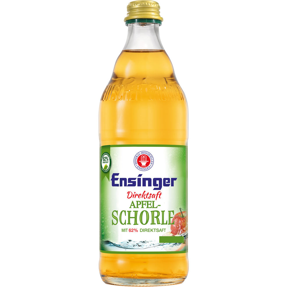 Eine 0,5-Liter-Flasche der veganen Ensinger Apfelschorle (MEHRWEG) mit grün-weißem Etikett, die in 12er-Packungen verkauft wird.