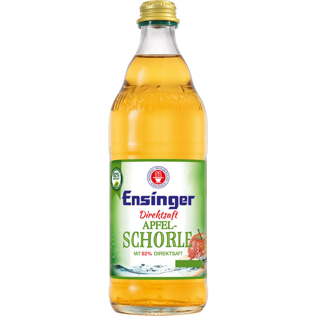 Eine 0,5-Liter-Flasche der veganen Ensinger Apfelschorle (MEHRWEG) mit grün-weißem Etikett, die in 12er-Packungen verkauft wird.
