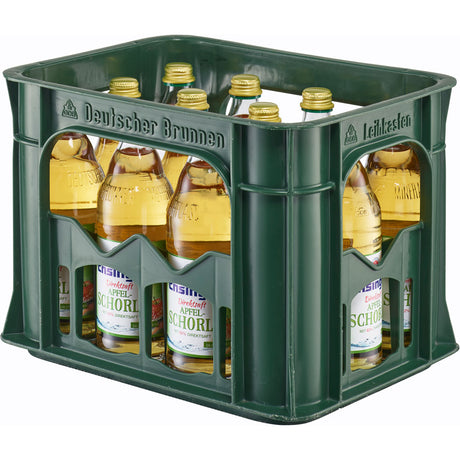 Grüner Kunststoffkasten mit mehreren Glasflaschen der Ensinger Apfelschorle 12x 0,5L (MEHRWEG), einer erfrischenden deutschen Apfelschorle von Ensinger.