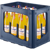 Eine blaue Kiste mit 12 Glasflaschen Ensinger Orangenlimonade (12x0,75L, Mehrweg) - die vegane Erfrischung für einen besonderen Genuss.