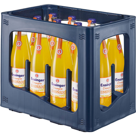 Eine blaue Kiste mit 12 Glasflaschen Ensinger Orangenlimonade (12x0,75L, Mehrweg) - die vegane Erfrischung für einen besonderen Genuss.