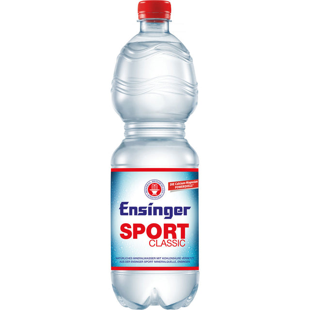 Ensinger Sport Classic PET 9x1L (EINWEG): Mineralwasser in der Kunststoffflasche mit rotem Deckel und blau-rotem Etikett. Natürlich im Geschmack, hoher Mineralstoffgehalt - ideal für den Sport.