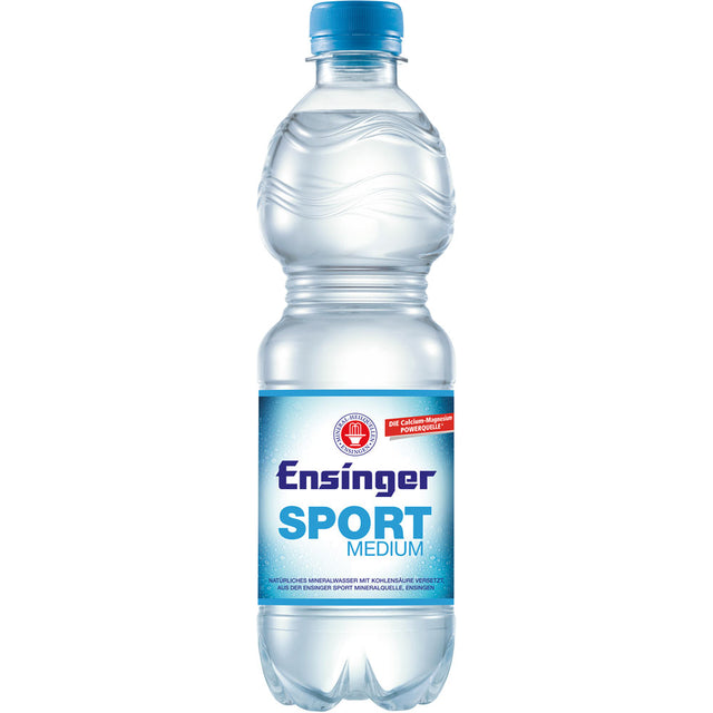 Ensinger Sport Medium PET 0,5L Flasche - erfrischendes, magnesiumreiches Mineralwasser, mit blauem Etikett und Verschluss; praktisch im 11er-Pack (Einweg).