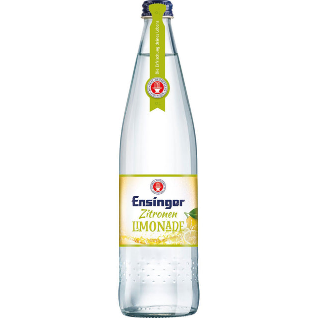 Klarglasflasche Ensinger Zitronenlimonade N2 (12x 0,75L MEHRWEG) mit gelbem Etikett und grüner Halsschleife, ein veganes Erfrischungsgetränk aus natürlichem Mineralwasser von Ensinger.