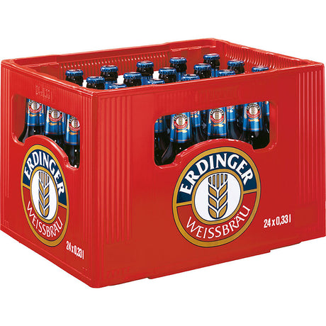 Eine rote Kiste Erdinger Weißbier Alkoholfrei (24x 0,33L MEHRWEG) enthält 24 Flaschen, ideal für den Genuss von alkoholfreiem Weizenbier.