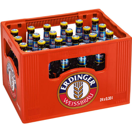 Ein roter Kasten enthält 24 Flaschen (je 0,33 l) Erdinger Weißbier Alkoholfrei Zitrone mit blauem und weißem Etikett für ein erfrischendes, alkoholfreies Weizenbier-Erlebnis.