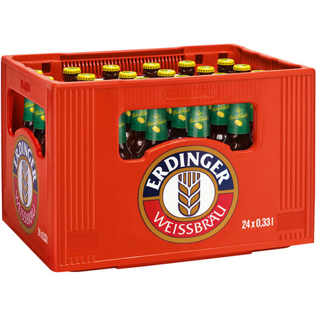Ein roter Kasten enthält 24 Flaschen Erdinger Weißbier Brauhaus Natur-Radler (0,33 l Mehrweg) mit dem Erdinger-Logo und feiert die bayerische Brautradition.