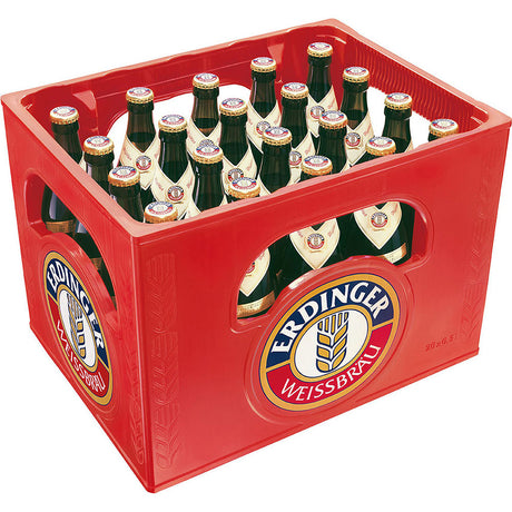 Eine rote Kunststoffkiste mit dem Erdinger-Logo, gefüllt mit 20 x 0,5 l Flaschen Erdinger Hefe Hell (Mehrweg) von Erdinger Weißbier, einem hellen Bier nach bayerischer Brautradition.