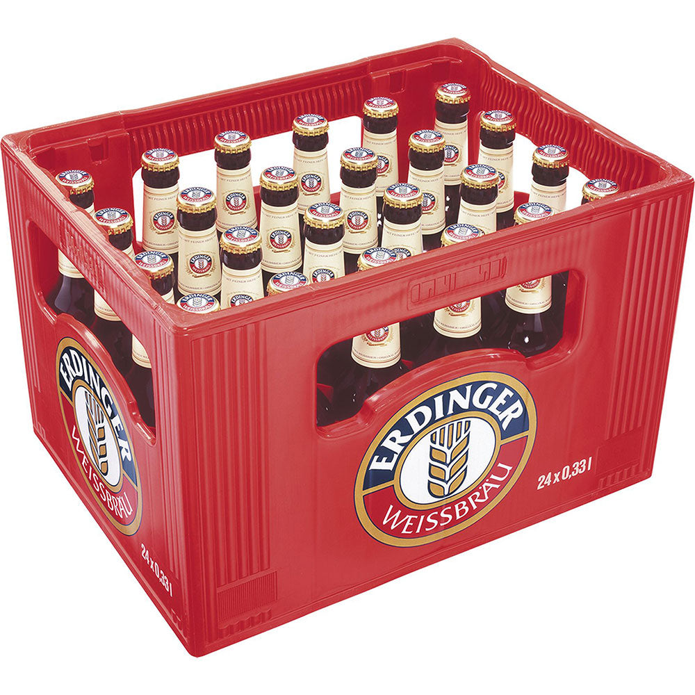 Ein roter Kasten fasst 24 Flaschen Erdinger Weißbier Hefe Hell 0,33 l (Mehrweg), die in vier Sechserreihen angeordnet sind - ideal für den Genuss einer bayerischen Weißbier-Erfrischung der Extraklasse.