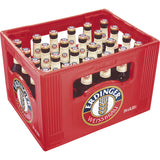 Ein roter Kasten fasst 24 Flaschen Erdinger Weißbier Hefe Hell 0,33 l (Mehrweg), die in vier Sechserreihen angeordnet sind - ideal für den Genuss einer bayerischen Weißbier-Erfrischung der Extraklasse.