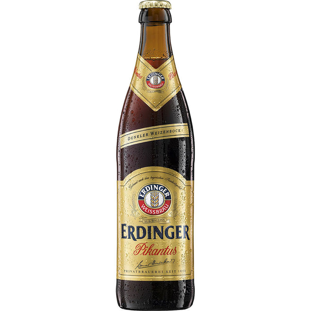Ein 11x 0,5L Mehrweg-Pack des Pikantus Weizenbocks von Erdinger Weißbier. Die Flaschen sind mit goldenen und braunen Etiketten auf weißem Hintergrund versehen.