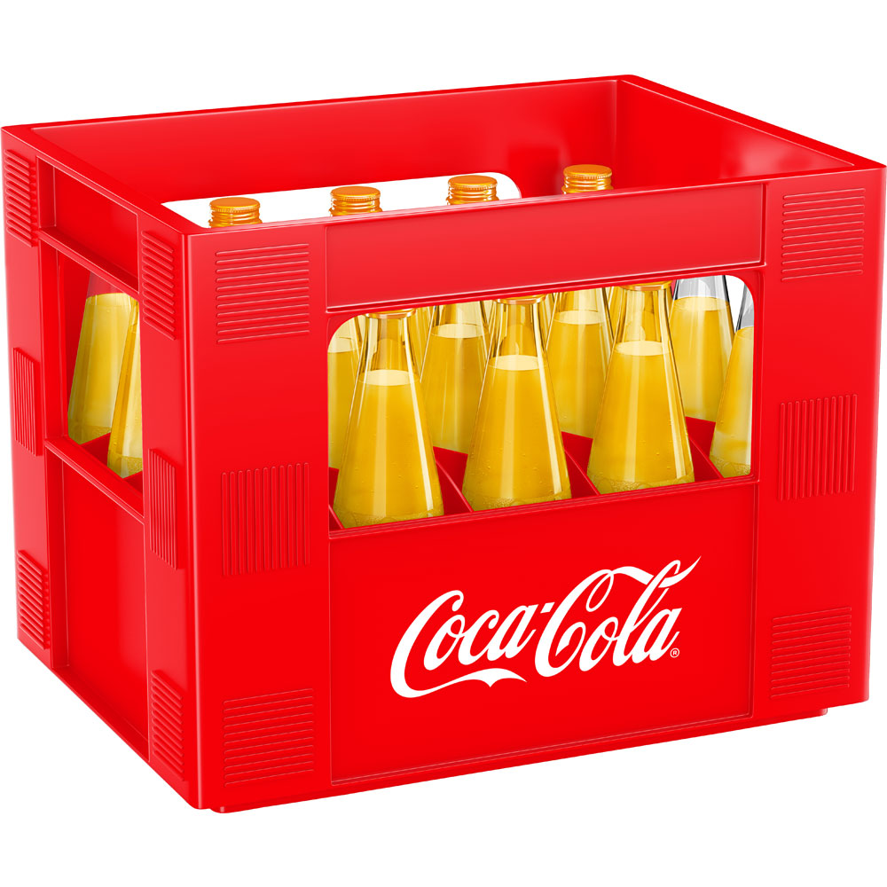 Eine rote Coca-Cola-Kiste mit 20 Fanta Orange 0,4 Liter Mehrweg-Glasflaschen, gefüllt mit gelber Fanta Orange.