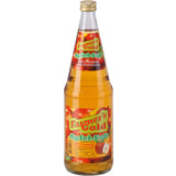 Eine Klarglasflasche Dietz Farmer's Gold Apfelsaft klar 6x1L (MEHRWEG) mit goldenem Verschluss und buntem Etikett.
