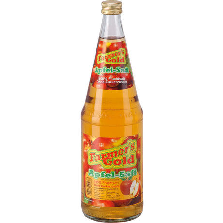 Eine Klarglasflasche Dietz Farmer's Gold Apfelsaft klar 6x1L (MEHRWEG) mit goldenem Verschluss und buntem Etikett.