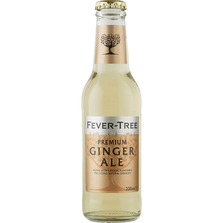 Eine 200ml Fever-Tree Ginger Ale Glasflasche mit goldenem Etikett und Verschluss, Teil der Fever-Tree Ginger Ale 24x 0,2 Liter (MEHRWEG) Packung.