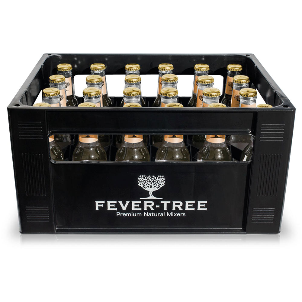 Eine Kiste mit 24 Fever-Tree Ginger Ale 0.2L MEHRWEG Glasflaschen in Reihen angeordnet.