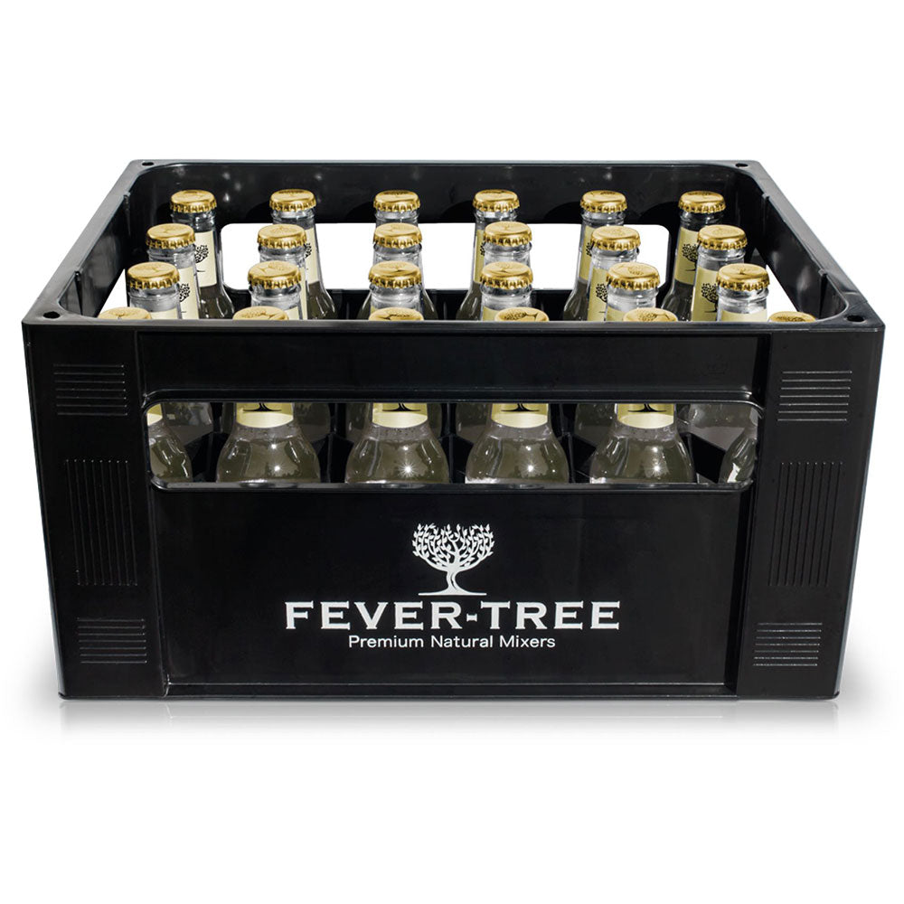 Eine schwarze Kiste enthält 24 Flaschen Fever-Tree Ginger Beer (je 0,2 l, MEHRWEG) der Marke Fever-Tree, die fein säuberlich in Reihen angeordnet sind.