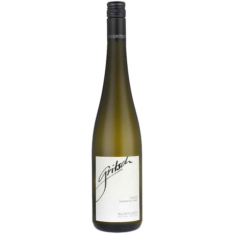 Eine Flasche FJ Gritsch Grüner Veltliner Klaus DAC 2024 aus der Wachau, mit weißem Etikett und schwarzem Verschluss.