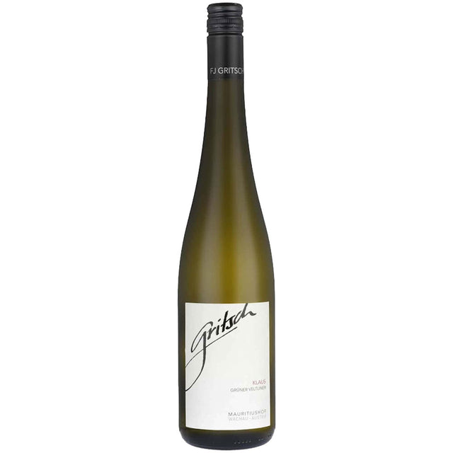 Eine Flasche FJ Gritsch Grüner Veltliner Klaus DAC 2024 aus der Wachau, mit weißem Etikett und schwarzem Verschluss.
