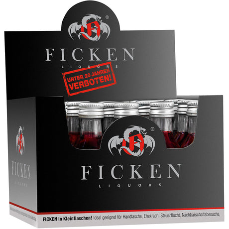 Schachtel mit 20 Ficken Jostabeerenlikör 15% minis (0,02l pro Stück) in auffälligem rot-schwarzem Design - ideal als Partyschnaps - mit Unter-20-Warnung auf dem Display.