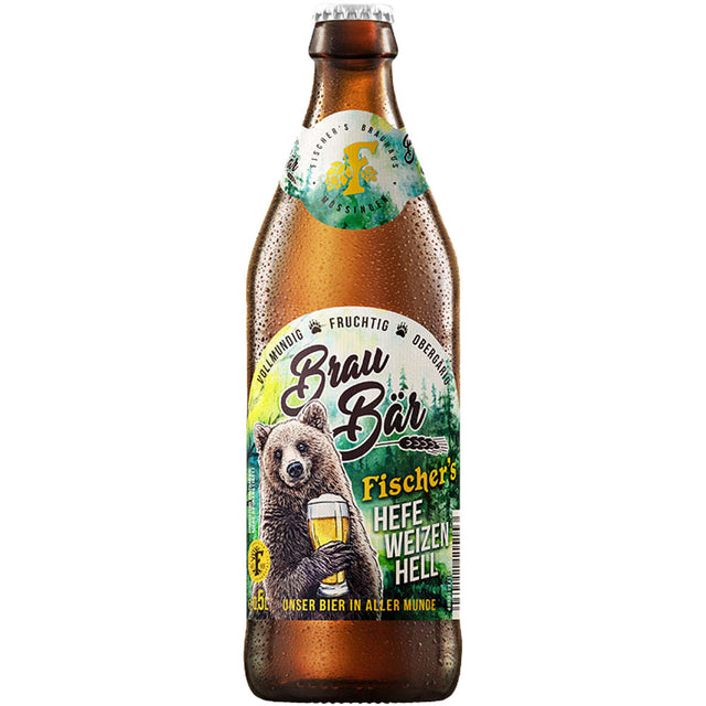 Eine 0,5-Liter-Flasche Fischer's Braubär Hefe Weizen Hell von Fischer's Brauhaus Mössingen mit einem Bären, der ein Glas hält, auf dem Etikett (20er-Pack MEHRWEG).