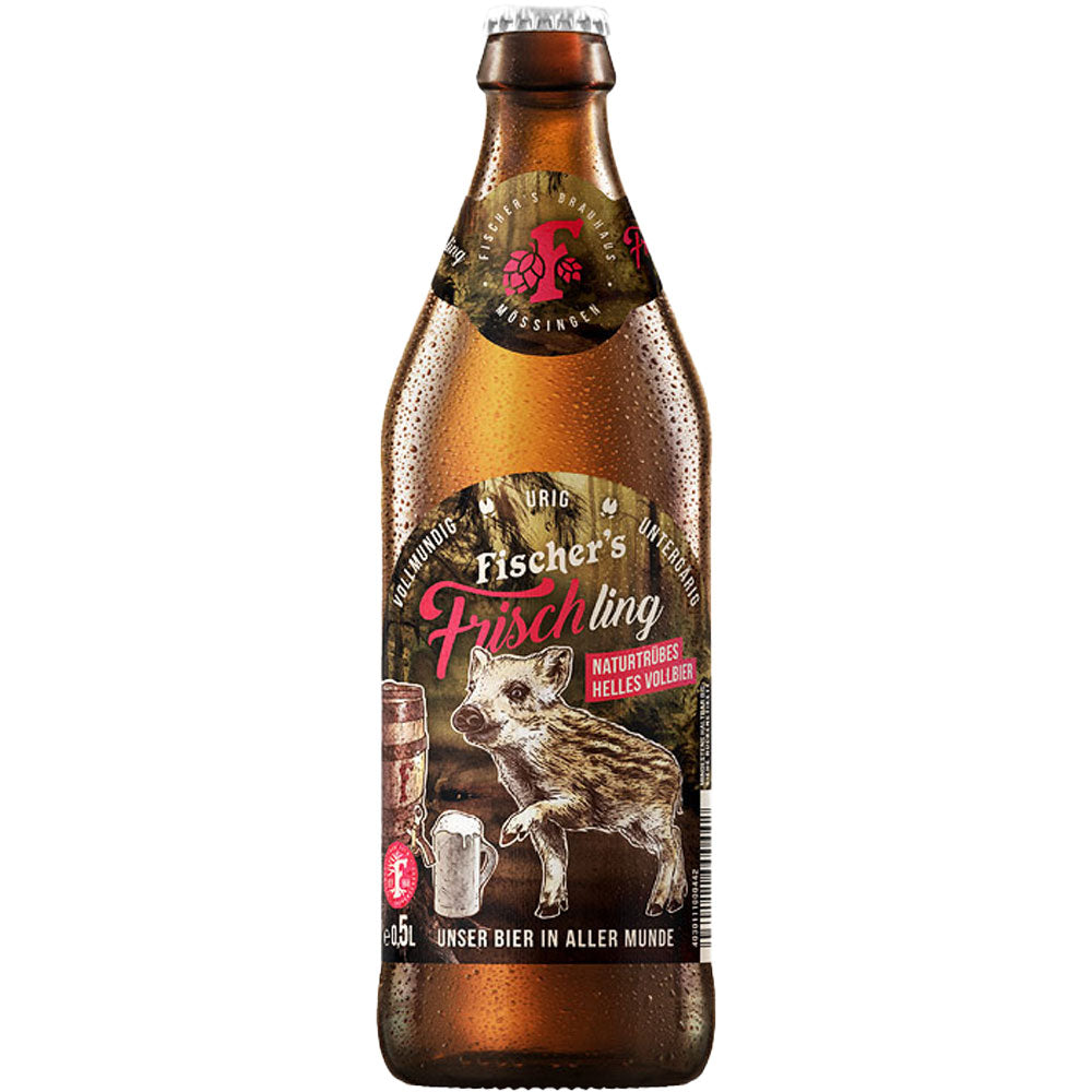 Eine braune Flasche Fischer's Frischling Naturtrübes Vollbier 20x 0,5 Liter (MEHRWEG) aus dem Fischer's Brauhaus Mössingen, mit einem Etikett, auf dem ein Wildschweinbaby abgebildet ist.