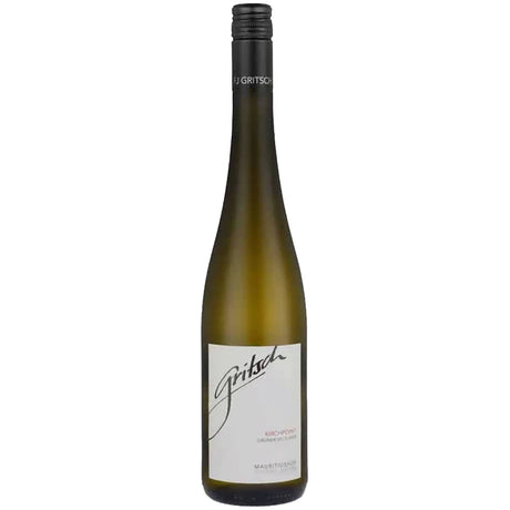 Eine hohe Flasche des Weißweins „FJ Gritsch Grüner Veltliner Ried Kirchpoint Wachau DAC 2022“ mit schwarzem Verschluss und einem weißen Etikett mit der Aufschrift „Ried Kirchpoint“ steht vor einem schlichten Hintergrund.