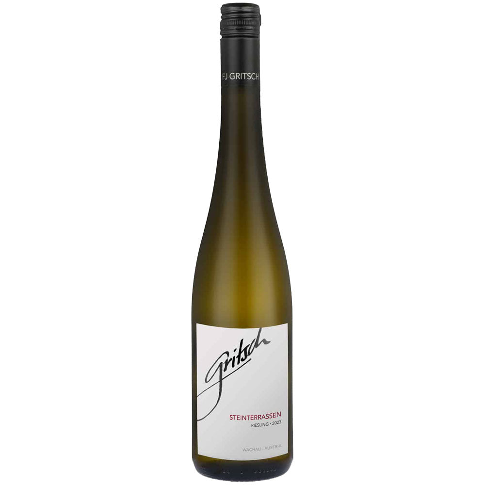 Eine Flasche FJ Gritsch Riesling Steinterassen DAC 2025 mit einem weißen Etikett und einem eleganten schwarzen Schraubverschluss.