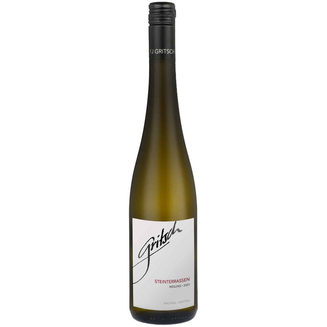 Eine Flasche FJ Gritsch Riesling Steinterassen DAC 2025 mit einem weißen Etikett und einem eleganten schwarzen Schraubverschluss.