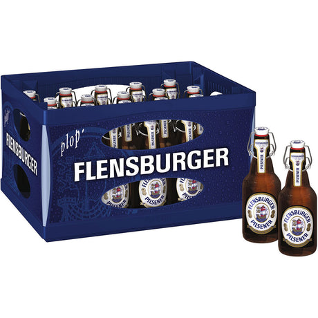 Eine blaue Kiste Flensburger Pilsener 20x 0,33 Liter Mehrweg mit zwei Bügelverschlussflaschen davor.