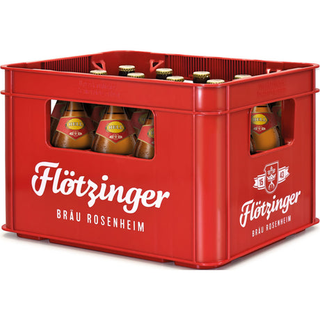 Eine rote Flötzinger-Kiste enthält mehrere Braunglasflaschen Flötzinger Hell 20x 0,5 Liter (MEHRWEG), die die bayerische Brautradition widerspiegeln.