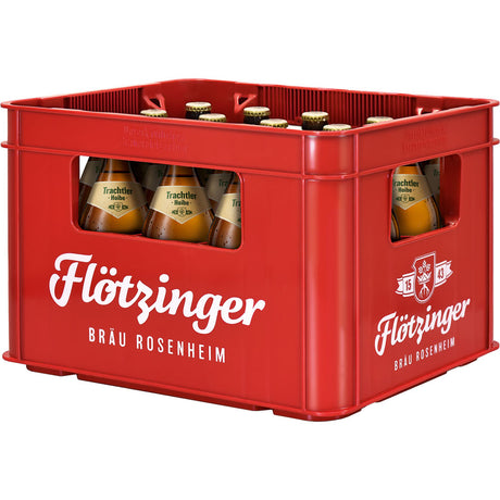 Roter Kunststoffkasten mit Flötzinger-Branding, in dem sich 20 x 0,5 l Mehrwegflaschen Trachtler Hoibe Export befinden - ein echter Geschmack bayerischer Brautradition.