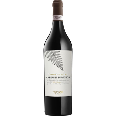 Eine Flasche Fortant de France Cabernet Sauvignon Terroir D'Altitude 2022 mit weißem Etikett, auf dem ein zarter Farn abgebildet ist.