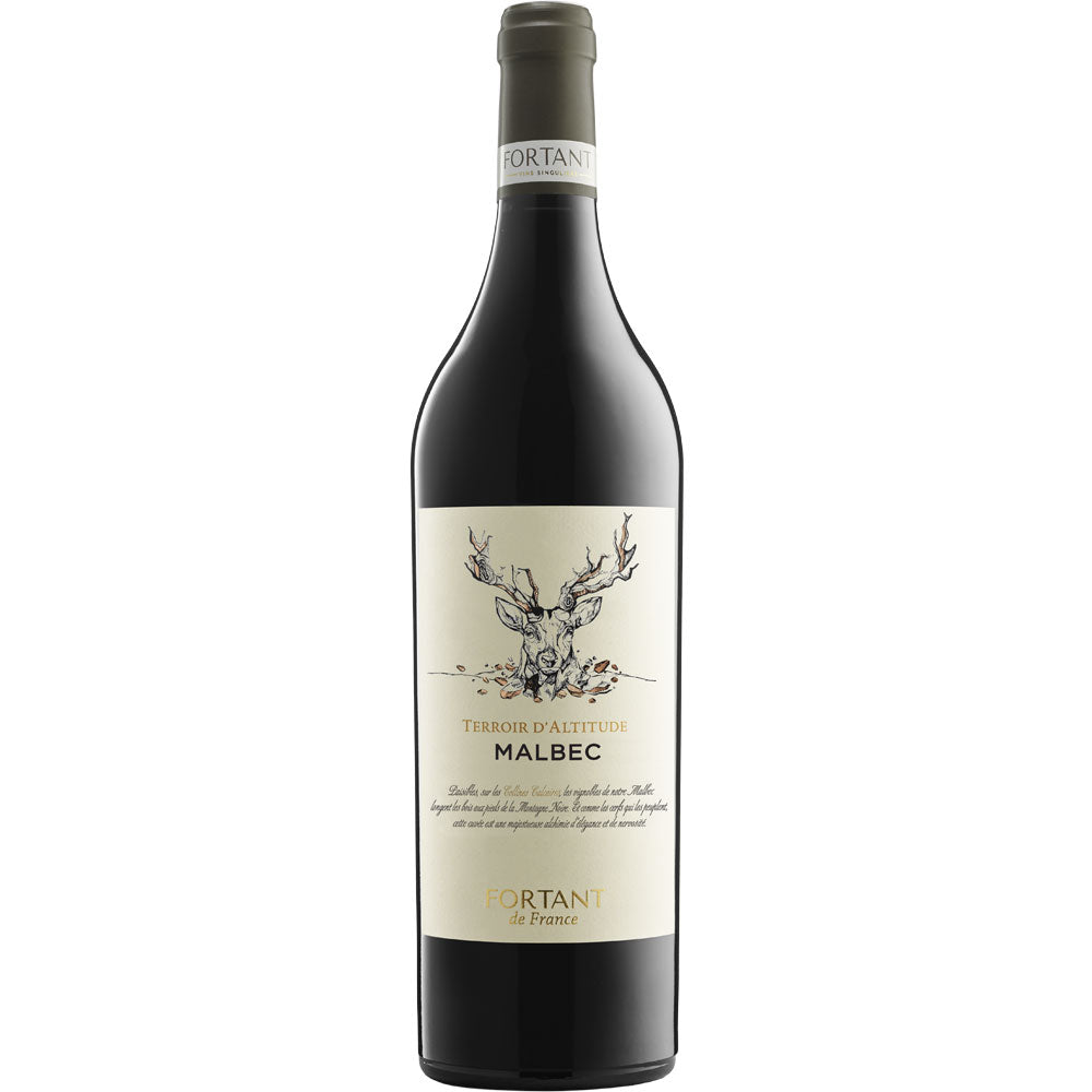 Eine Flasche Fortant de France Malbec Terroir D'Altitude 2024, ein französischer Rotwein mit beigem Etikett und schwarzem Verschluss der Marke Fortant de France.