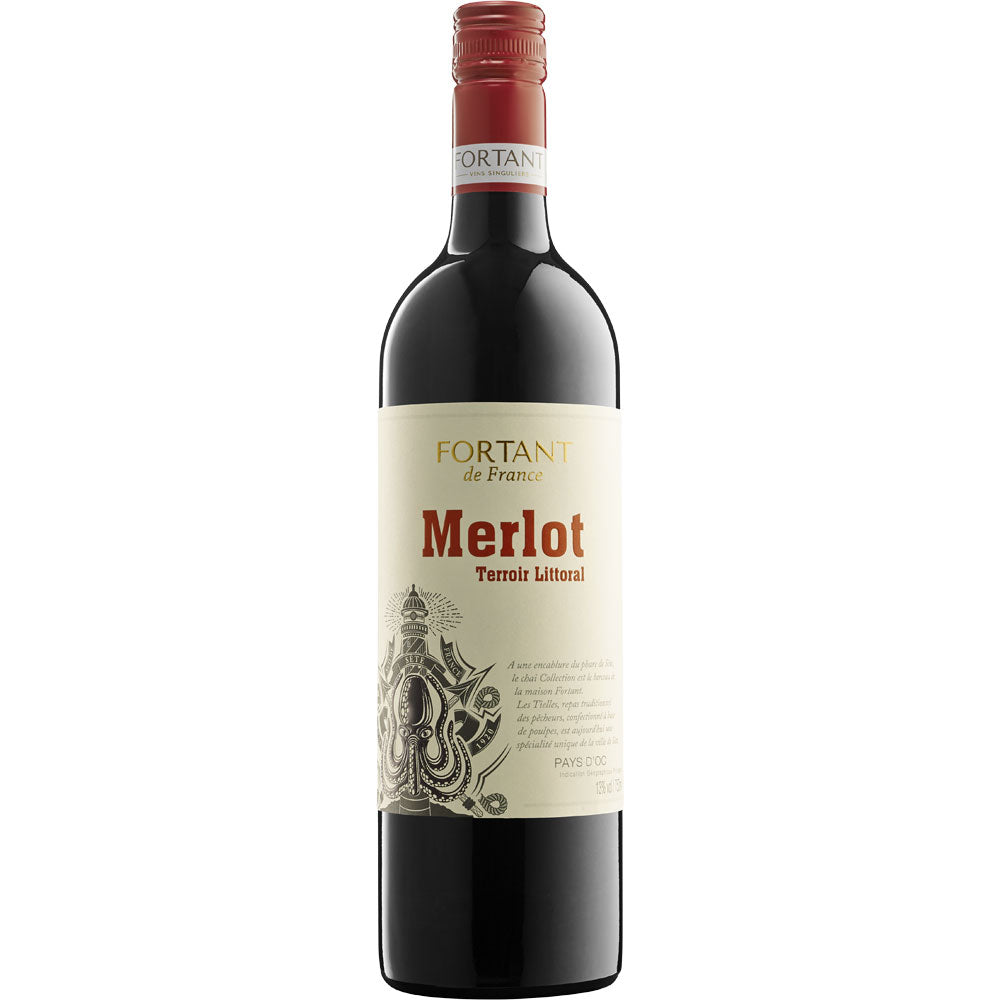 Eine Flasche Fortant de France Merlot Terroir Littoral 2023 mit einem cremefarbenen und roten Etikett, das die Herkunft aus dem Languedoc hervorhebt.