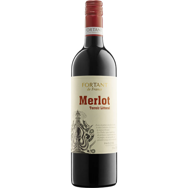 Eine Flasche Fortant de France Merlot Terroir Littoral 2023 mit einem cremefarbenen und roten Etikett, das die Herkunft aus dem Languedoc hervorhebt.