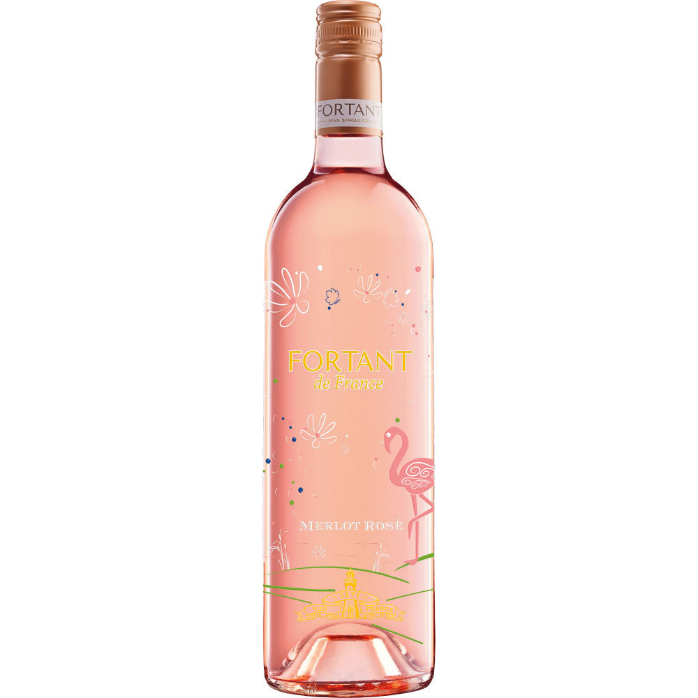 Eine Flasche Fortant de France Merlot Rosé Pays d'Oc IGP 2024 mit einem rosafarbenen Etikett mit Flamingo-Motiv ist der perfekte Begleiter für den erfrischenden Geschmack des französischen Rosé.
